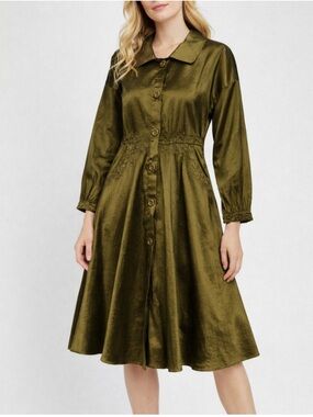 Jerry T Metallic Coat Jacket Dress Women’s Medium Green Midi Swing Lagenlook